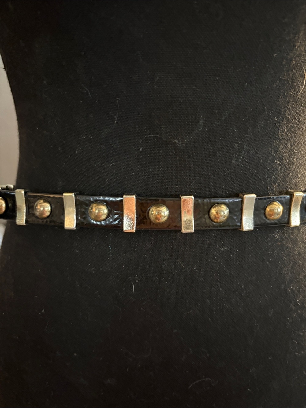 Zara Black Leather Belt with Gold Studs and Bar Accents